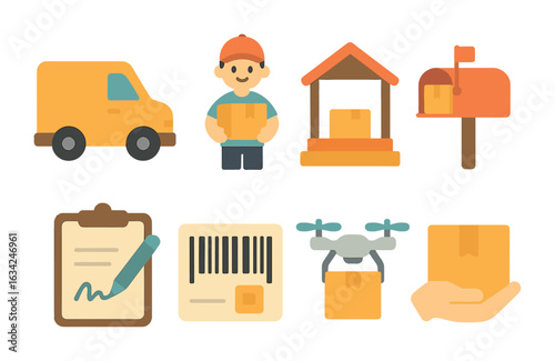Colorful Delivery Icons. Flat vector mini-illustrations of package delivery in colors children's illustrations
