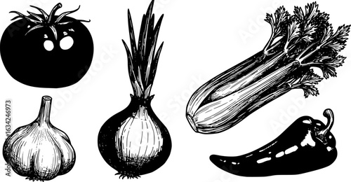 Transparent PNG available
Black stamp vegetables. Retro woodcut engraved farm food icons, organic healthy products, tomato onion garlic celery pepper. Vector vegetable sketch collection