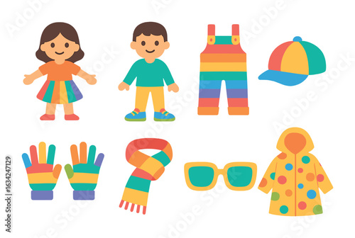 Playful Kids Fashion Icons. Flat vector mini-illustrations of playful fashion in colors children's