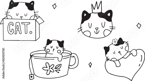 Cute Cat in Cup Doodle – Kawaii Animal, Coffee, Tea, Cartoon, Hand Drawn Illustration