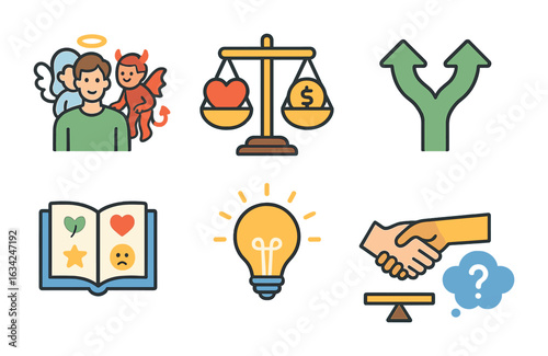 Moral Choices Icons. Flat vector mini-illustrations of moral choices in colors children's illustrations: angel