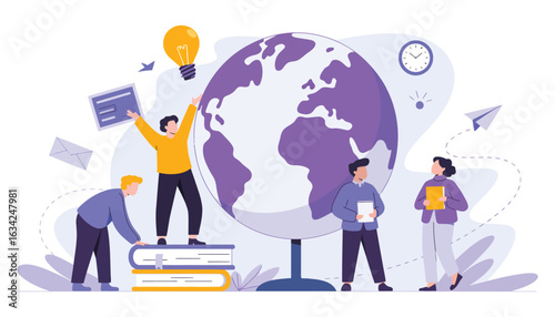 Global education concept with diverse people, books, globe, and icons – teamwork, learning, and knowledge sharing illustration