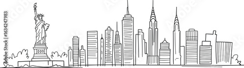 Hand drawn New York skyline with Statue of Liberty, skyscrapers, urban architecture, line art cityscape, Manhattan illustration, iconic NYC landmarks