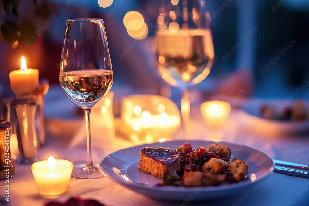 Naklejka premium Dinner for two with wine by seaside view