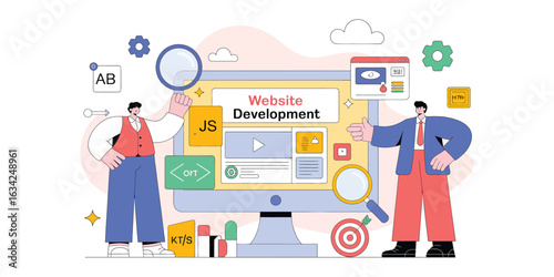 Flat design illustration of website development with JS logo, coding icons, and team collaboration – modern web design and programming concept