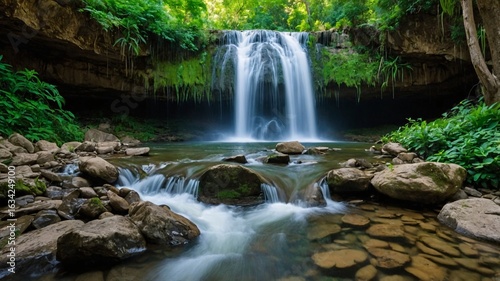 A serene waterfall cascades over rocks, surrounded by lush greenery, creating a tranquil natural oasis.