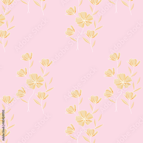 Cheerful Flower Pattern with Daisies and Tulips on Beige
