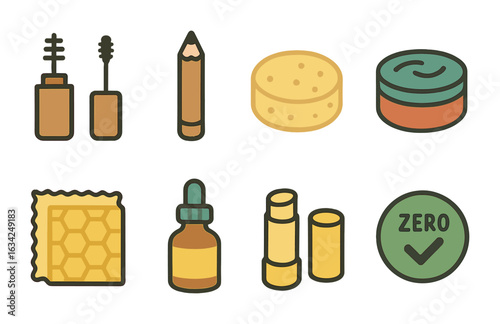 Plastic-Free Beauty Icons. Flat vector mini-illustrations of plastic-free beauty items in colors children's