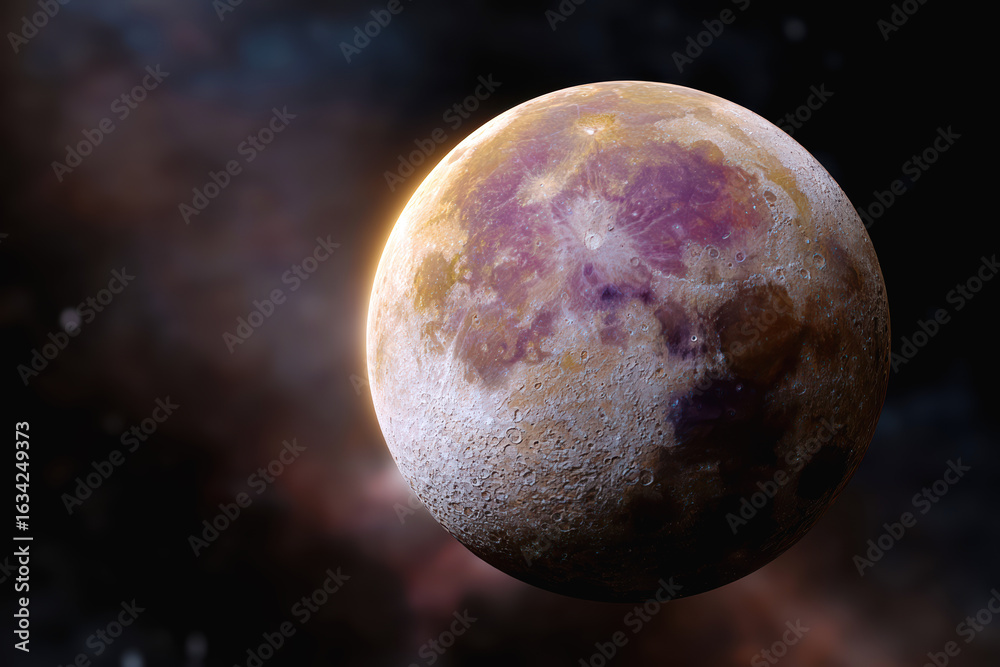 Fototapeta premium Realistic purple moon glowing against black space with sparkles and stars, perfect for sci-fi designs and dreamy visuals