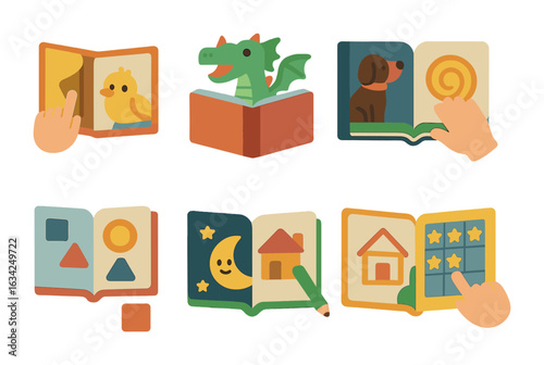 Interactive Book Icons. Flat vector mini-illustrations of interactive book fun in colors children's