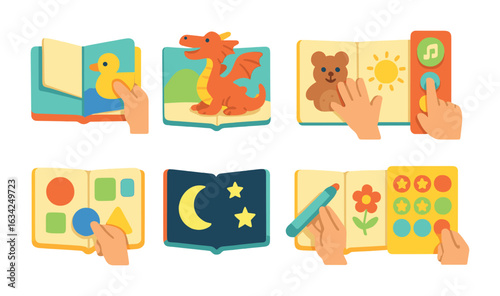 Interactive Book Icons. Flat vector mini-illustrations of interactive book fun in colors children's