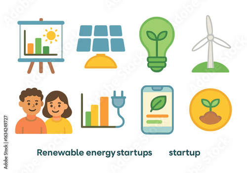 Eco Startup Icons. Flat vector mini-illustrations of renewable energy startups in colors children's