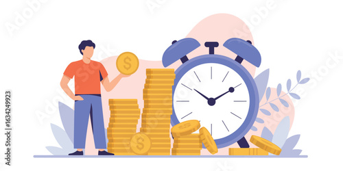 Time and money concept illustration with person, alarm clock, and gold coins – financial planning and time management metaphor