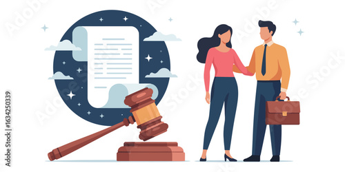 Legal justice concept illustration with gavel, official document, and professional figures – law, rights, and legal agreement theme