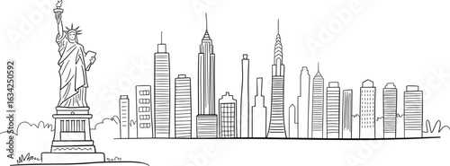 Line art illustration of New York City skyline with Statue of Liberty, famous landmarks, urban buildings, cityscape drawing for design