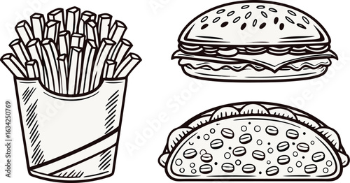 Hand drawn sketch of various popular fast food items including burgers fries and drinks in a playful colorful illustration style