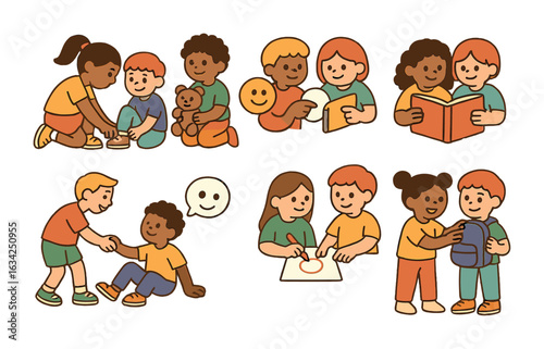 Kids Peer Mentoring. Flat vector mini-illustrations peer mentoring among kids in colors children's