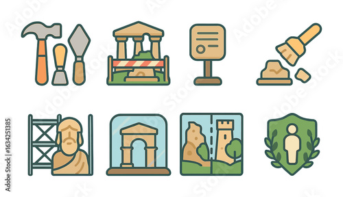 Historical Site Preservation Icons. Flat vector mini-illustrations preservation of historical sites in colors