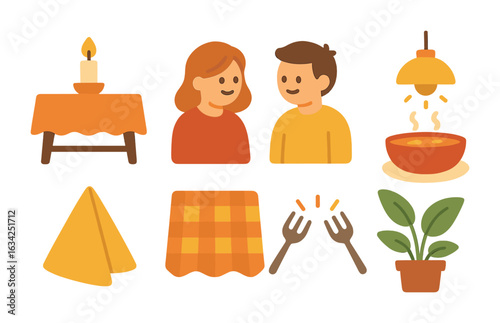 Cozy Dinner Icons. Flat vector mini-illustrations cozy dinner at home in colors children's illustrations: