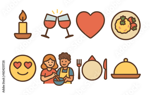 Romantic Dinner Icons. Flat vector mini-illustrations romantic dinner prep in colors children's illustrations: