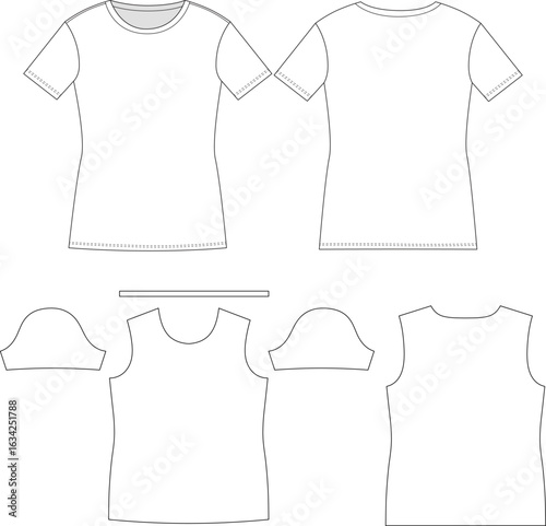 Editable technical flat and pattern set of a basic fitted T-shirt with short sleeves and crew neckline. Includes front and back views. Sleeve, body, and neckband pattern blocks. For fashion, sewing.