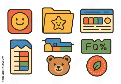 Colorful Branding Icons. Flat vector mini-illustrations branded content organization in colors children's
