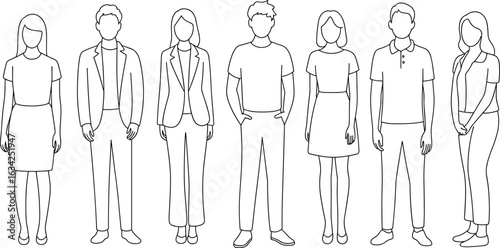 Line drawings of seven gender-neutral figures showcasing diverse clothing styles from casual to business attire for various occasions fashion guides