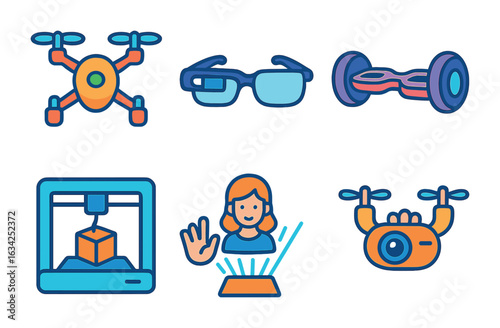 Futuristic Gadget Icons. Flat vector mini-illustrations futuristic gadgets in colors children's illustrations: