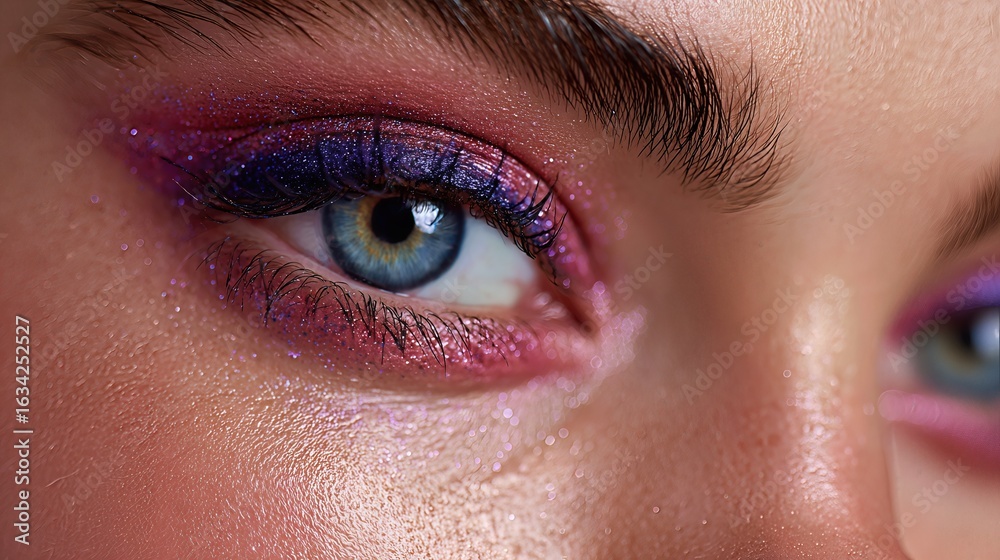 Fototapeta premium Colorful eyeshadow in vivid pink and purple tones frames the gaze of a confident young woman, radiating boldness and artistry. 