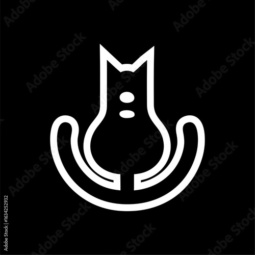 Abstract Cat Outline Icon with Tail Loop on Black Background. Modern abstract icon of a cat with a curved tail loop, minimal face, and clean white lines on black background. Ideal for pet brands,