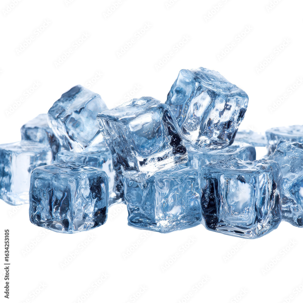 Obraz premium Ice cubes stacked neatly on a white surface, showcasing their clarity and texture under bright lighting