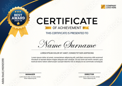 Modern certificate of achievement template with an elegant blue and gold design and a best award seal