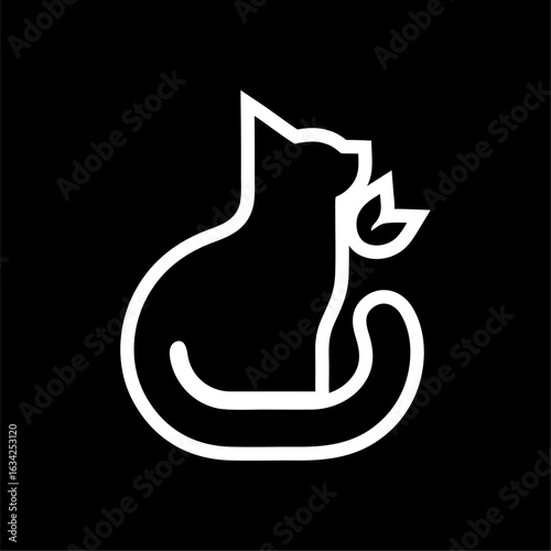Minimalist Cat Holding Leaf Icon on Black Background. Line art icon of a sitting cat holding a leaf in its mouth. Clean white outline on black. Symbol of nature, eco lifestyle,
