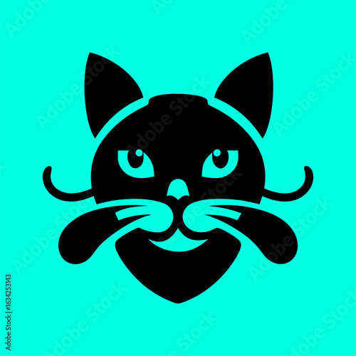 Modern Cat Face Silhouette with Whiskers on Cyan Background. Minimalist black cat face silhouette with bold whiskers and expressive eyes on a bright cyan background. Ideal for logos, stickers, 
