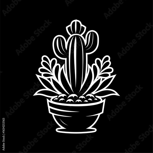 Monochrome Cactus in Pot Vector Illustration. Stylized black and white cactus in a pot with bold outlines and decorative leaves. Perfect for tattoos, stickers, logos, and botanical

