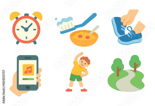 Morning Jogging Icons. Flat vector mini-illustrations morning jogging routine in colors children's