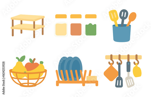 Colorful Kitchen Declutter. Flat vector mini-illustrations Countertop decluttering tools in colors children's