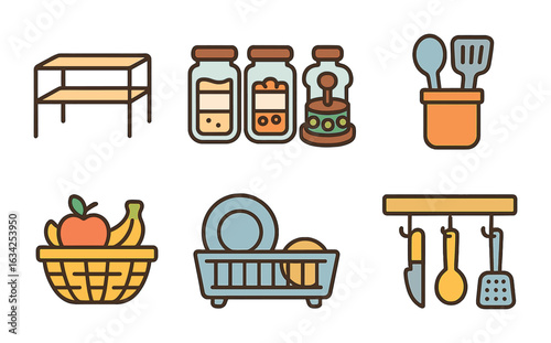 Colorful Kitchen Declutter. Flat vector mini-illustrations Countertop decluttering tools in colors children's