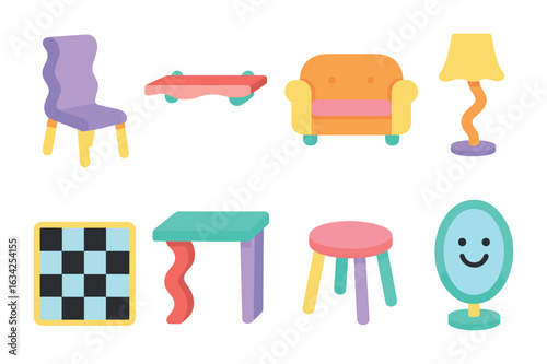 Wacky Pomo Furniture. Flat vector mini-illustrations Wacky Pomo furniture in colors children's illustrations: