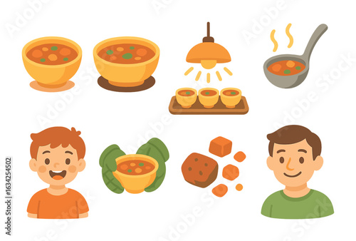 Family Stew Sharing. Flat vector mini-illustrations Serving hot stew to family members in colors children's