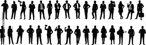 Silhouette business people standing in various poses, professional men and women, teamwork concept, corporate illustration, group vector design