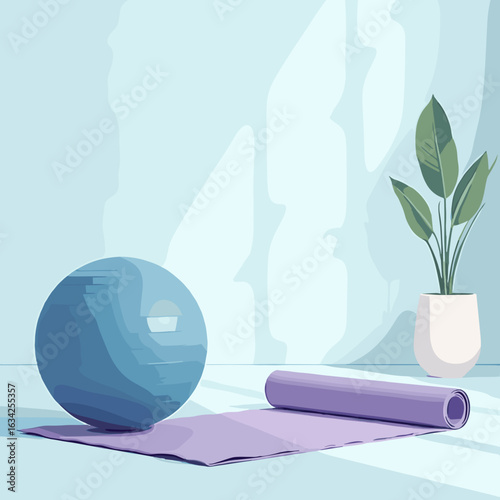 Fitness ball and yoga mat in light blue room with potted plant  