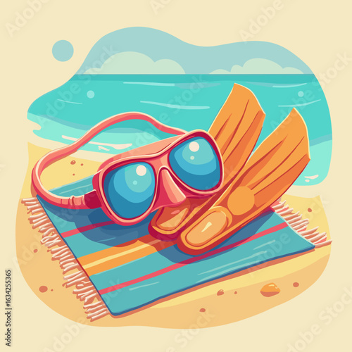 Snorkeling mask and fins on colorful beach towel by the ocean  