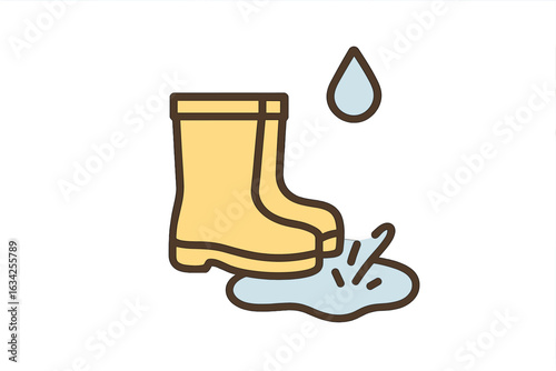 Yellow rain boots standing in a puddle with a droplet falling nearby during a rainy day in the park