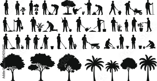 Silhouette collection of gardeners performing tasks—digging, planting, watering, and tool-use—paired with broadleaf and palm tree illustrations for garden guide reference