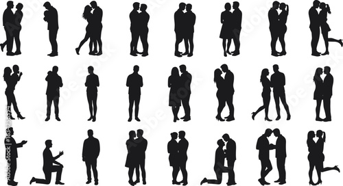 Silhouette couples in 25 grid poses showcasing multiple diverse tender affectionate interactions—hugging, kissing, hand-holding—highlighting love, intimacy, connection, and relationship dynamics