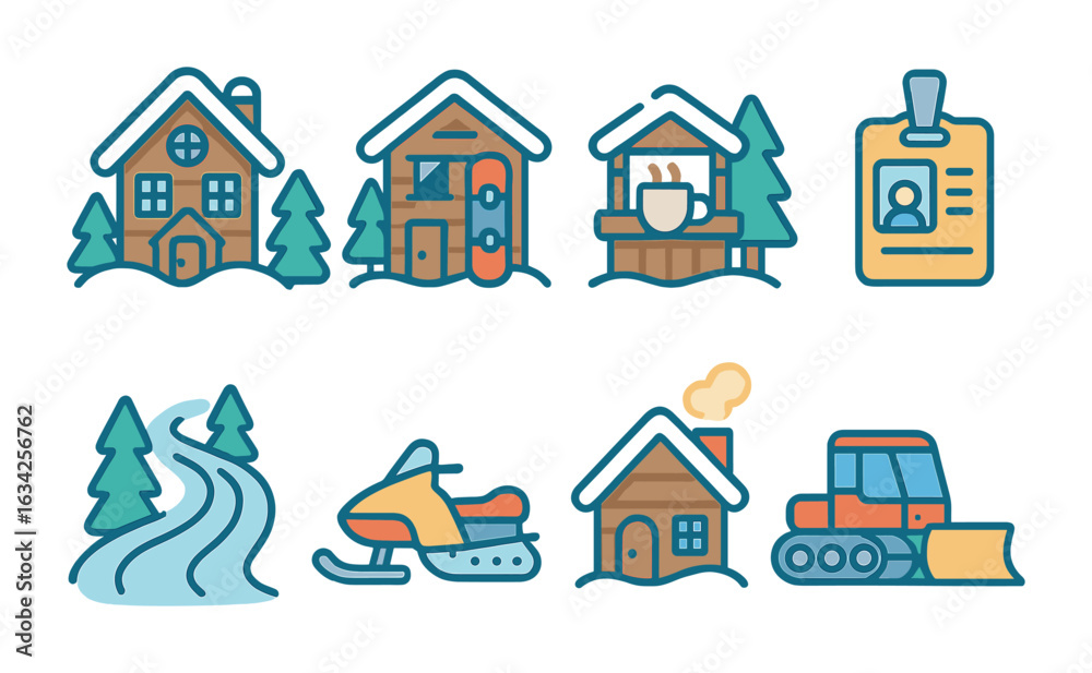 Fototapeta premium Winter Resort Icons. Flat vector mini-illustrations Winter sports resort in colors children's illustrations: