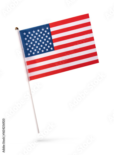 Small mini USA American flag with real rough fabric details and pole stick for hand held isolated on transparent background or png file.