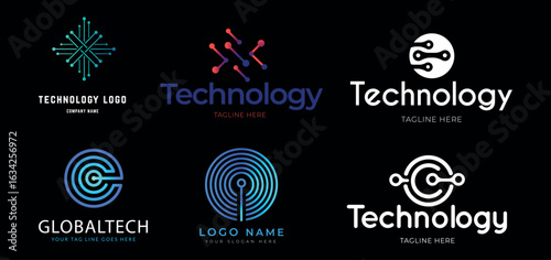 Collection of technology connection logo. Circuit technology logo, Global tech logo design illustration