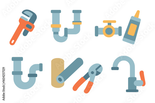Basement Plumbing Icons. Flat vector mini-illustrations Plumbing for finished basement in colors children's